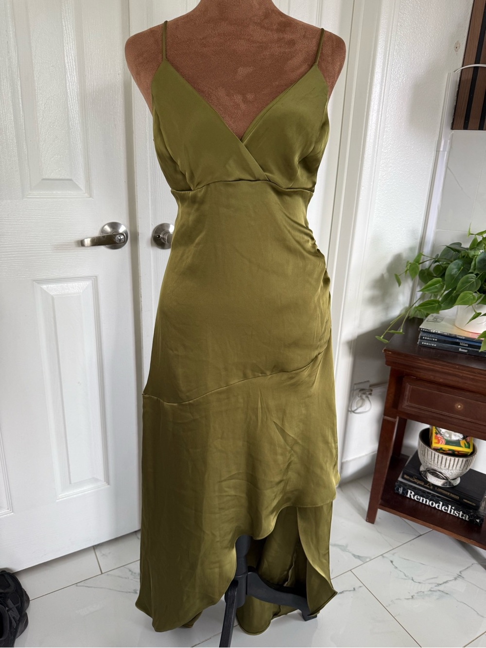 Olive Green High-Low Slip Dress with V-Neck